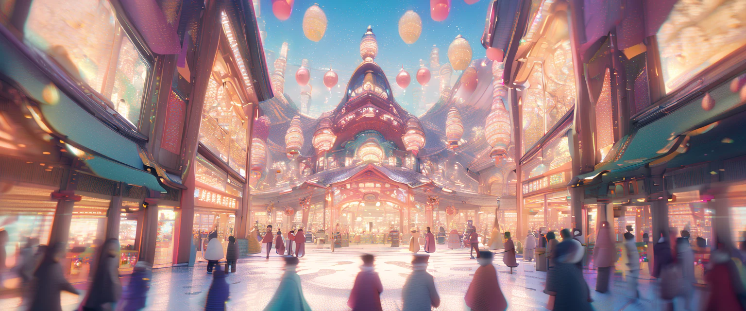 A large circular plaza surrounded by various shops during the Christmas festival, the atmosphere is festive,, landscape, party, anime style, perspective, Ghibli-like colours, anime style, chromatic aberration, depth of field, three sided view, from behind, high details, 8k, super detail, high quality, best quality, 8k,front view,