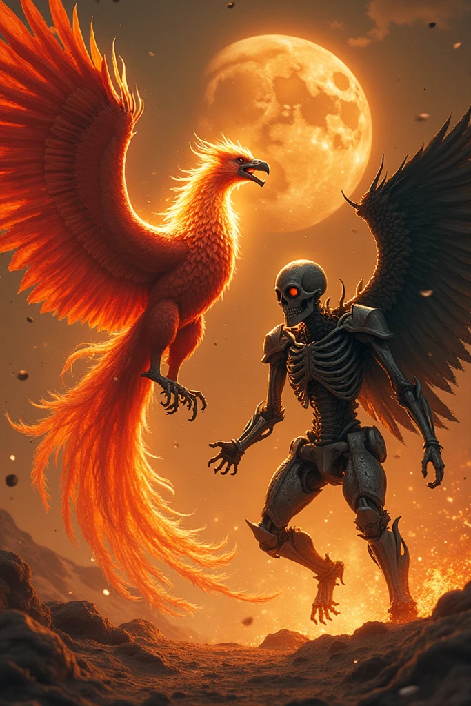 An anime phoenix and a rock skeleton