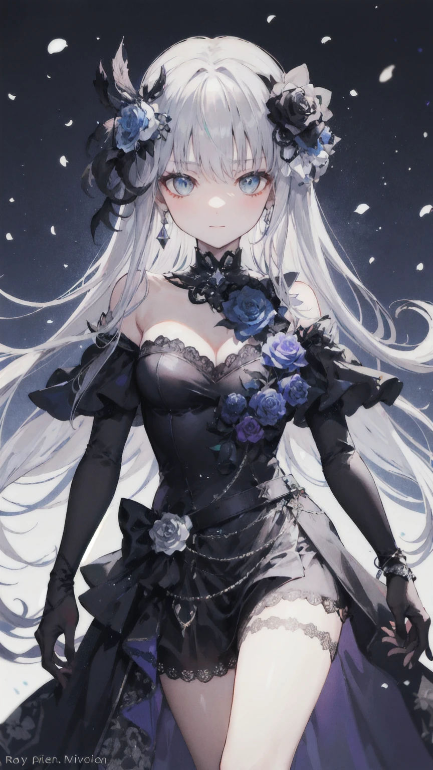 (masterpiece), ( is of the best quality), perfect composition, Clean, 8K, , [1 Girl, 牛仔射击], (minato_Snow vegetable_Bond Dream:1), long grey hair, Sweep the bangs,  Bright eyes , Jewelry, hair_flower, Gothic fashion, slanted shoulder dress , embroidery, serious, Perseverance,  movie lights from the waist,  High Contrast, Geometric Patterns, ray, [glare, radiation],  Popular on pixiv, Neon inscription, Runes, [obsidian,  perspective , Star], DARK THEME 
