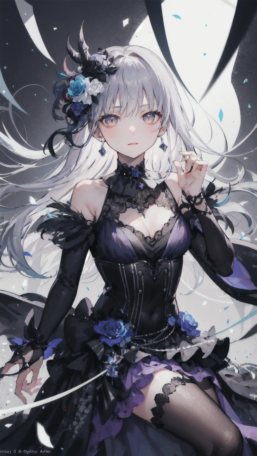 (masterpiece), ( is of the best quality), perfect composition, Clean, 8K, , [1 Girl, 牛仔射击], (minato_Snow vegetable_Bond Dream:1), long grey hair, Sweep the bangs,  Bright eyes , Jewelry, hair_flower, Gothic fashion, slanted shoulder dress , embroidery, serious, Perseverance,  movie lights from the waist,  High Contrast, Geometric Patterns, ray, [glare, radiation],  Popular on pixiv, Neon inscription, Runes, [obsidian,  perspective , Star], DARK THEME 
