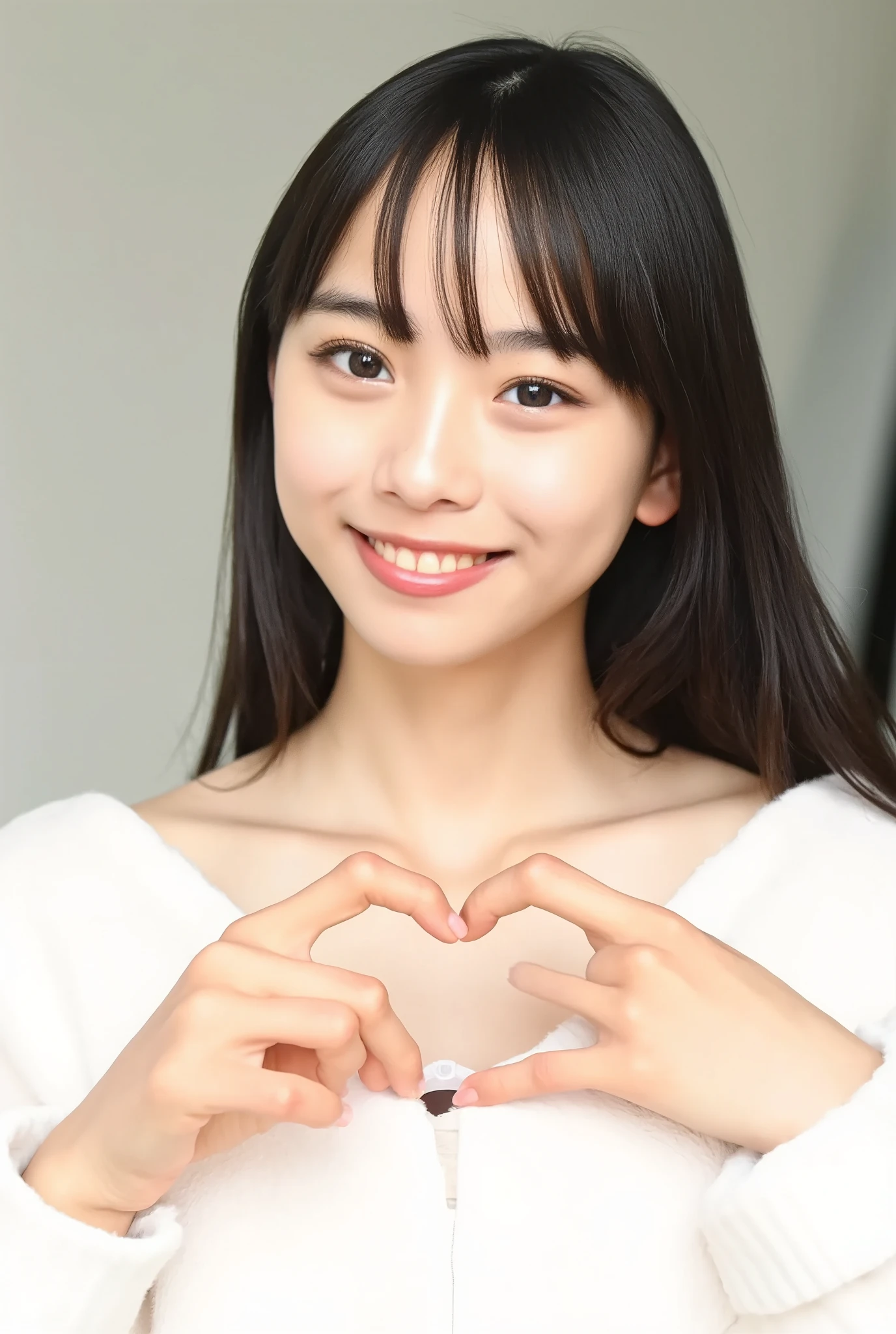 Only one woman with a cute smile wears cute, fluffy off-shoulder pajamas, makes a big heart shape with both hands, and poses them in front of her chest, View above collarbone、The background is a monotone 、
