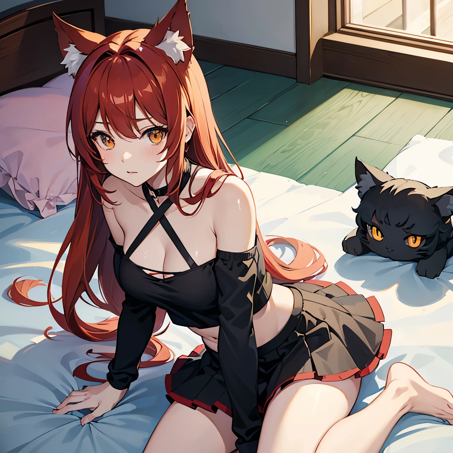 anime artwork, score_9, score_8_up, score_7_up, score_6_up, score_5_up, score_4_up,alisasr, 1girl, orange hair, red eyes, fake black cat ears, hairband, long hair, very long hair, twintails, hair ornament, hair bobbles, low twintails,, \\\\\\ \\\\\ , cat lingerie, paws gloves, cat tail, all fours, ass, on sofa, lower body