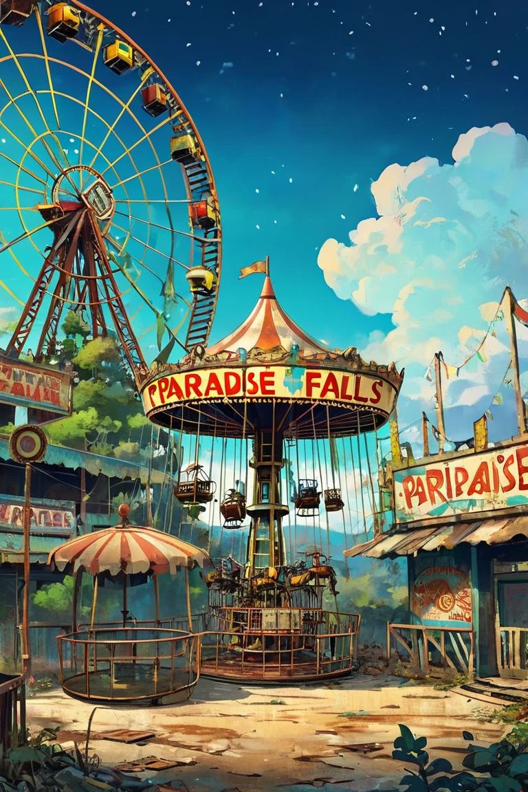 Abandoned amusement park「paradise falls」、 the world after nuclear war 、 post-apocalyptic 、 full color illustration 、rusted ferris wheel 、 merry-go-round 、「paradise falls」Signboard、 only one guide robot is still in operation、End of the World、 retro future atmosphere 