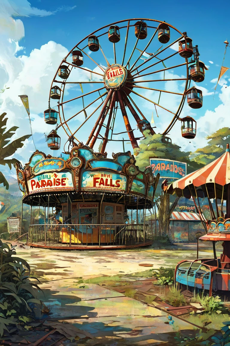 Abandoned amusement park「paradise falls」、 the world after nuclear war 、 post-apocalyptic 、 full color illustration 、rusted ferris wheel 、 merry-go-round 、「paradise falls」Signboard、 only one guide robot is still in operation、End of the World、 retro future atmosphere 