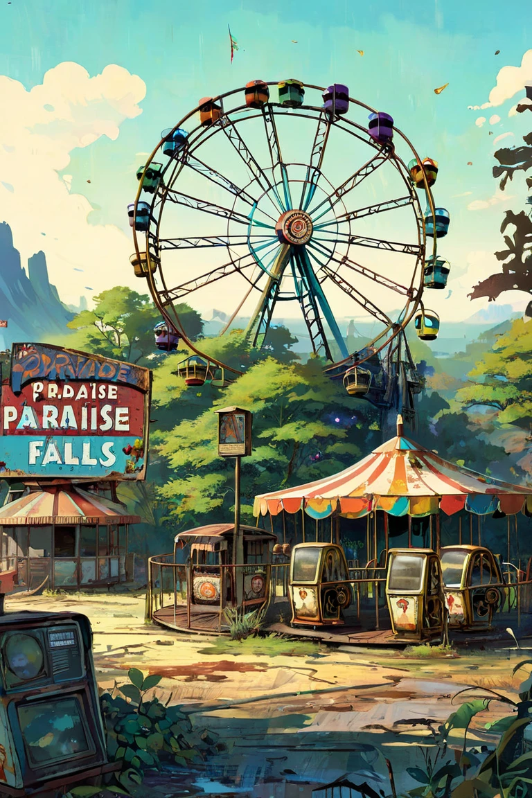 Abandoned amusement park「paradise falls」、 the world after nuclear war 、 post-apocalyptic 、 full color illustration 、rusted ferris wheel 、 merry-go-round 、「paradise falls」Signboard、 only one guide robot is still in operation、End of the World、 retro future atmosphere 