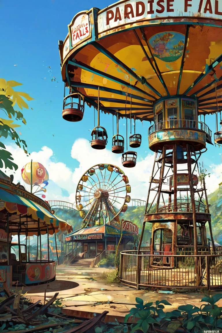 Abandoned amusement park「paradise falls」、 the world after nuclear war 、 post-apocalyptic 、 full color illustration 、rusted ferris wheel 、 merry-go-round 、「paradise falls」Signboard、 only one guide robot is still in operation、End of the World、 retro future atmosphere 