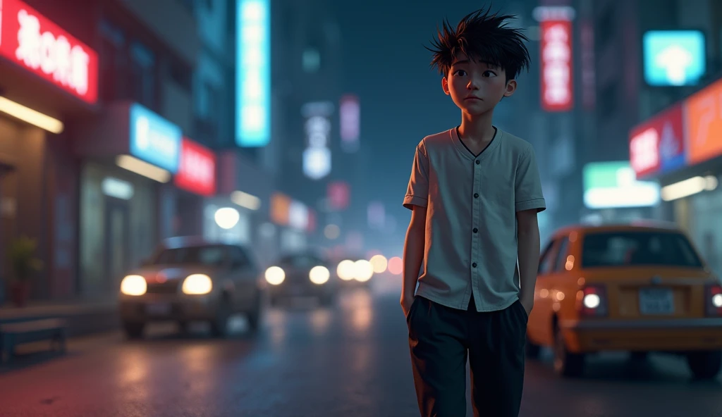 Young boy, black hair, black clothes, combat boots, black vest, backpack on his back, walking along a street at night, bus stop behind him, lamppost lighting on top of him, city background at night with bus stop, behind him, full body image