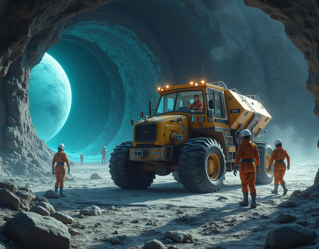 Realistic, theme is "Moon base", female crew members building a moon base, operating a large construction machine, the underground base on the moon seen through the windshield of the construction machine, there is frozen water underground on the moon, the base is built near a water source, reminiscent of a 60s sci-fi movie, sophisticated design, advanced lighting technology, live-action photo 8K quality