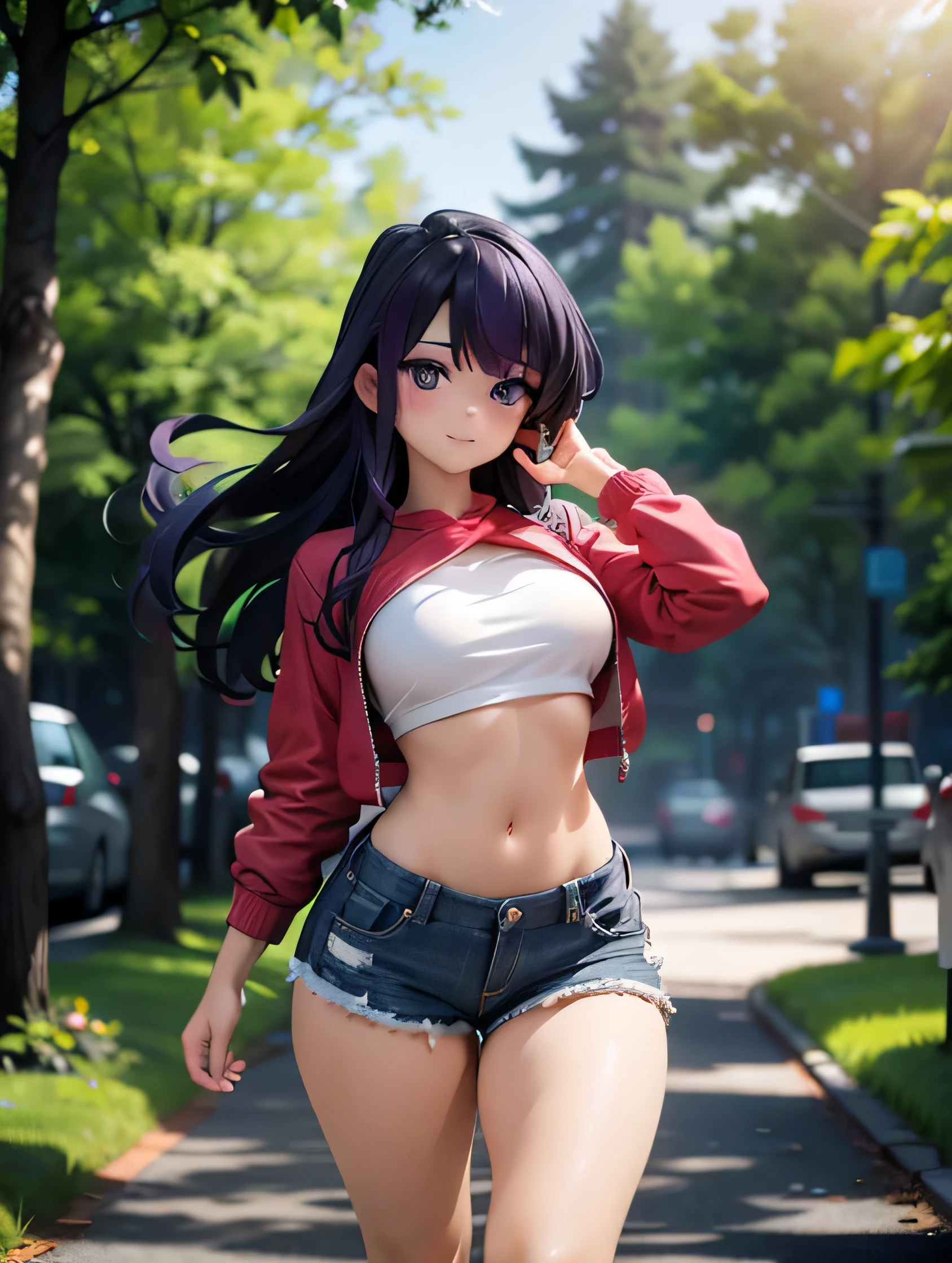 realistic image, detailed image, coherent image, 1 beautiful girl, she has very long hair, purple hair, purple eyes, smiling expression. She is wearing a small t-shirt, with a long-sleeved sweatshirt, showing her navel, ripped shorts, sneakers, She has a curvy body, medium breasts and thick thighs, She is walking on a path surrounded by trees and flowers, inside a park, arching her back, hands hidden behind her back, sprouting her breasts, sunny day, Soft focus, Dramatic shadows, Volumetric lighting, natural lighting,