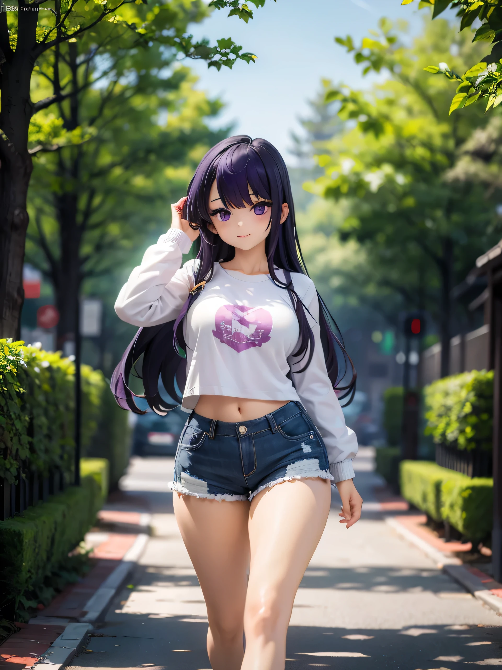 realistic image, detailed image, coherent image, 1 beautiful girl, she has very long hair, purple hair, purple eyes, smiling expression. She is wearing a small t-shirt, with a long-sleeved sweatshirt, showing her navel, ripped shorts, sneakers, She has a curvy body, large breasts and thick thighs, She is walking on a path surrounded by trees and flowers, inside a park, arching her back, hands hidden behind her back, sprouting her breasts, sunny day, Soft focus, Dramatic shadows, Volumetric lighting, natural lighting,