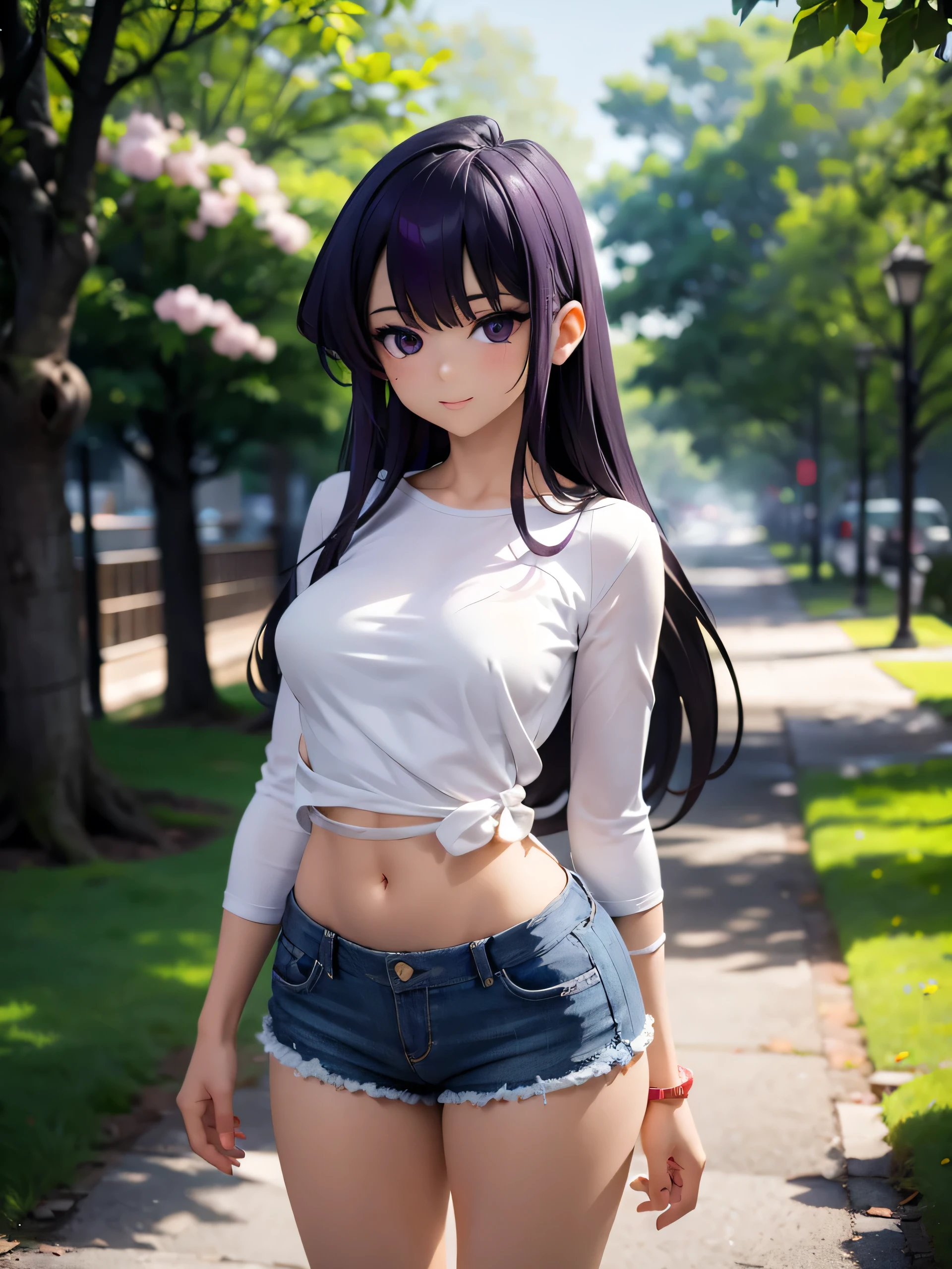 realistic image, detailed image, coherent image, 1 beautiful girl, she has very long hair, purple hair, purple eyes, smiling expression. She is wearing a small t-shirt, with a long-sleeved sweatshirt, showing her navel, ripped shorts, sneakers, She has a curvy body, large breasts and thick thighs, She is walking on a path surrounded by trees and flowers, inside a park, arching her back, hands hidden behind her back, sprouting her breasts, sunny day, Soft focus, Dramatic shadows, Volumetric lighting, natural lighting,