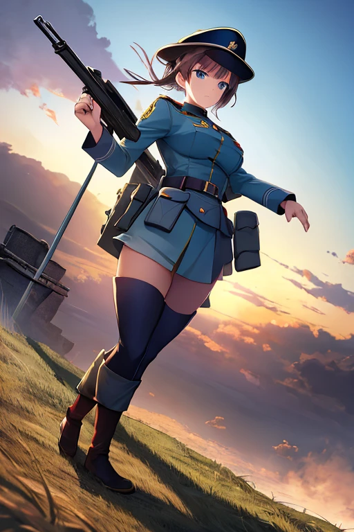 Masterpiece, Best Quality, flat, Manga Scan, Anime, cinematic lighting, drawn Art, by Studio Trigger, clip studio paint, Anime Wallpaper, Deep Color, Cel-Shaded.A women in WW1 soldier uniform holding a big gun above the trenches in a tower