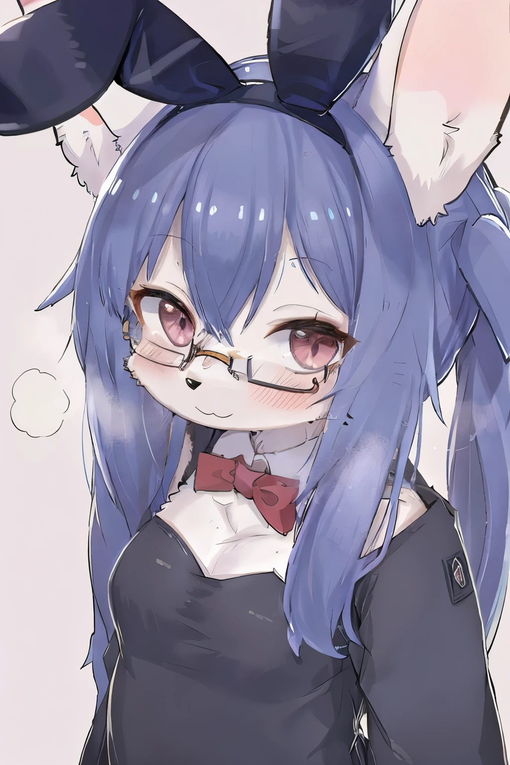 upper body, Long Hair,  black hair, smile, Slanted Eyes,  take a closer look, {{furry}},  blush, arms behind back, (extreme close-up) Disheveled Hair, Glasses, Bunny ears, 