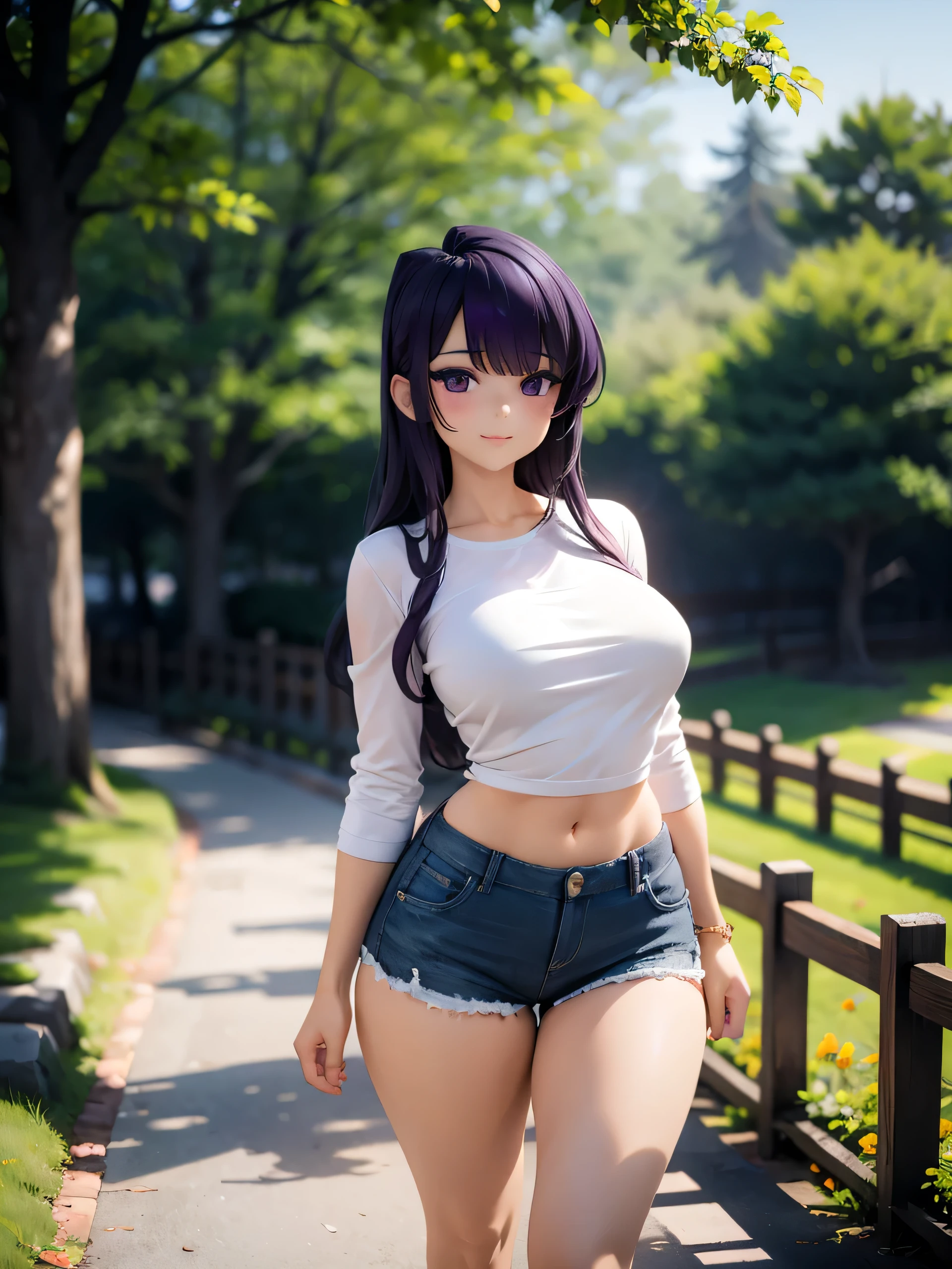 realistic image, detailed image, coherent image, 1 beautiful girl, she has very long hair, purple hair, purple eyes, smiling expression. She is wearing a small t-shirt, with a long-sleeved sweatshirt, showing her navel, ripped shorts, sneakers, She has a curvy body, large breasts and thick thighs, She is walking on a path surrounded by trees and flowers, inside a park, arching her back, hands hidden behind her back, sprouting her breasts, sunny day, Soft focus, Dramatic shadows, Volumetric lighting, natural lighting,