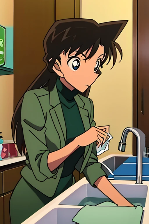 {{{mouri ran}}},{{{Detective Conan}}},{{{long hair}}},{{{official style}}},{{{adult}}},green dress,one-piece dress,turtleneck,green miniskirt, {light green cropped jacket},{light green cropped jacket},green socks,,sink,laundry,kitchen,bringing upper body to the sink,open