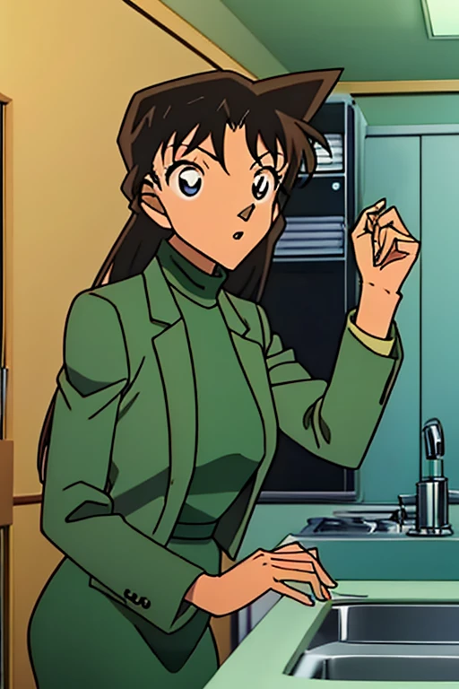 {{{mouri ran}}},{{{Detective Conan}}},{{{long hair}}},{{{official style}}},{{{adult}}},green dress,one-piece dress,turtleneck,green miniskirt, {light green cropped jacket},{light green cropped jacket},green socks,,sink,laundry,kitchen,bringing upper body to the sink,open