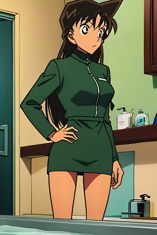 {{{mouri ran}}},{{{Detective Conan}}},{{{long hair}}},{{{official style}}},{{{adult}}},green dress,one-piece dress,turtleneck,green miniskirt, {light green cropped jacket},{light green cropped jacket},green socks,,sink,laundry,kitchen,bringing upper body to the sink,open