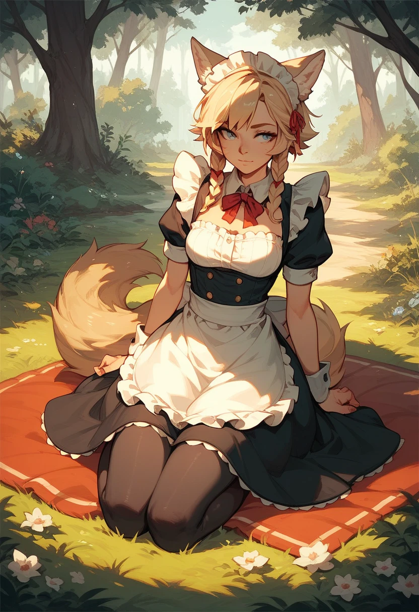 1 girl, 's chest is kneeling,  rests her hands on the ground , WOLF EARS, wolf tail, blond , legs on her back , Maid clothes,  the girl is used as a footrest