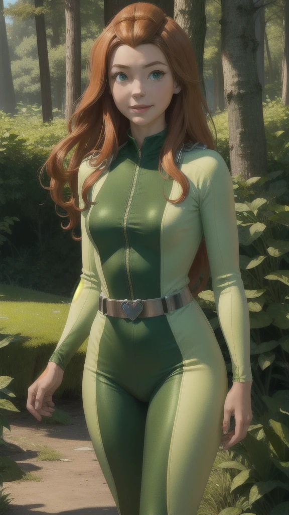 sam \(totally spies\), orange hair, long hair, green eyes,
green bodysuit, belt
smile,closed mouth,cowboy shot, standing,
forest,outdoor,
(insanely detailed, masterpiece, best quality) cinematic lighting,