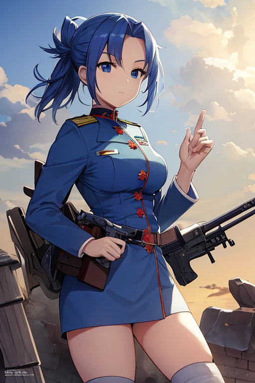 Masterpiece, Best Quality, flat, Manga Scan, Anime, cinematic lighting, drawn Art, by Studio Trigger, clip studio paint, Anime Wallpaper, Deep Color, Cel-Shaded.A women in WW1 soldier uniform holding a big gun above the trenches in a tower