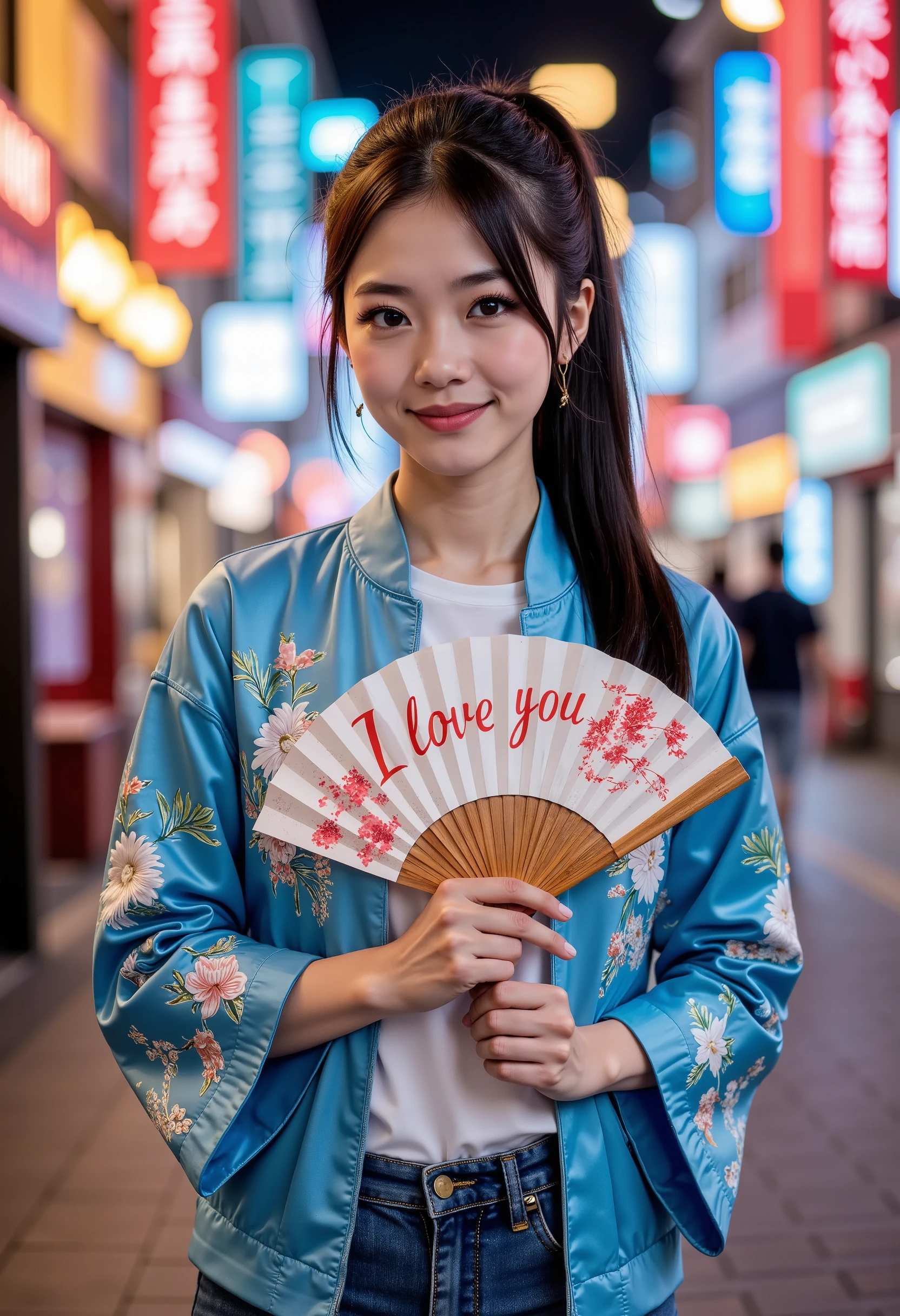 sukajan, professional photography, portrait of a Asian woman wearing sukajan and jeans, jacket, ponytail hair, gently smiling, beautiful makeup, she holding a fan with text "I Love You 3000", neon city in background, bokeh, depth of field 