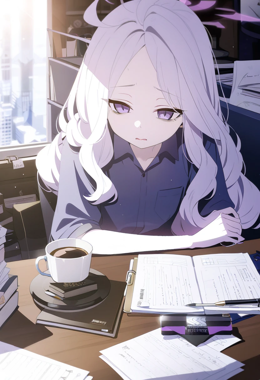 NSFW, Hina, blue archive, 1girl, tired, bags under eyes, coffee, drink, at a desk, paper, paper work, very tired,