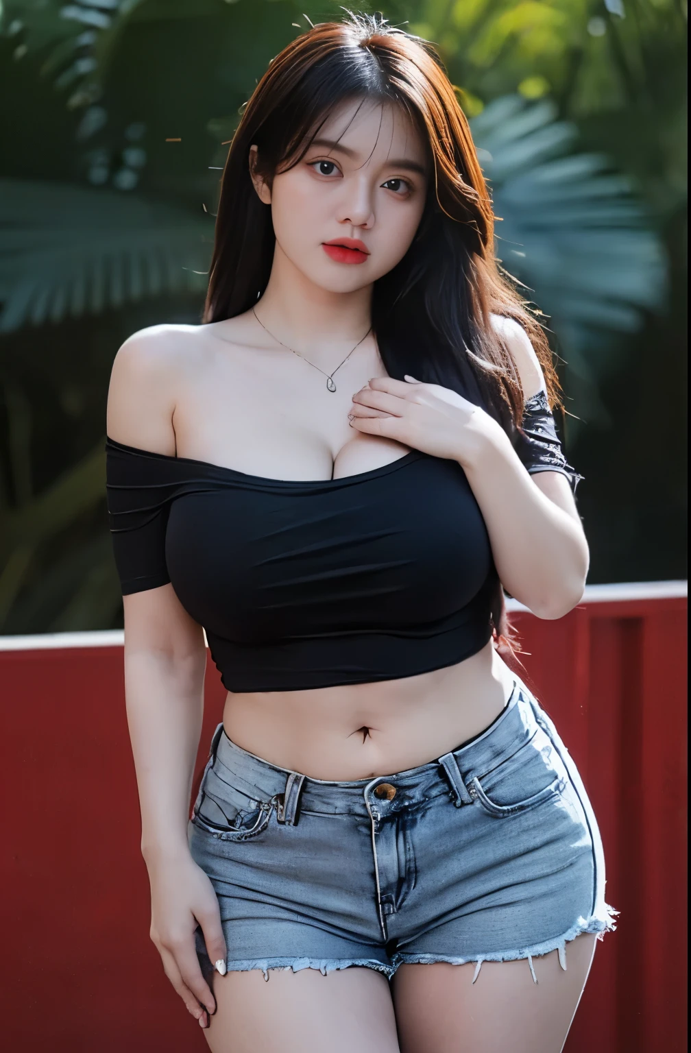 21yo girl, bitting her lower lip while closing her eye,Wearing orange oversize t-shirt,, show shoulders, cleavage, show big thigh, natural big brseast,hands holding breasts,plumpy body, standing cute pose, (huge breasts)