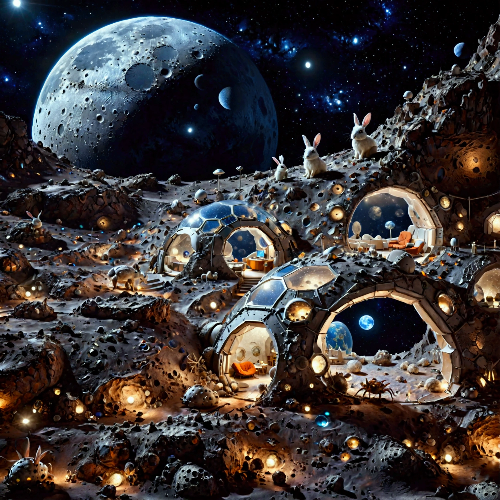 A futuristic, glass-covered lunar city on the moon's surface, with a view of satellites and Earth in the vastness of space. The city consists of domed structures and sleek, glowing buildings connected by illuminated pathways, creating a harmonious blend of technology and lunar terrain. Inside the city, a whimsical touch is added with rabbits and crabs peacefully coexisting, wandering around the moon base. The glass domes reflect the soft glow of Earthlight, and the moon's surface is detailed with craters and rocky textures. The atmosphere is a mix of futuristic innovation and playful charm, with a serene, otherworldly beauty, (glass-covered lunar city, futuristic, moon surface, domed structures, illuminated pathways, glowing buildings, satellites, Earth in space, rabbits, crabs, craters, rocky textures, serene, otherworldly, playful, harmonious, soft Earthlight)