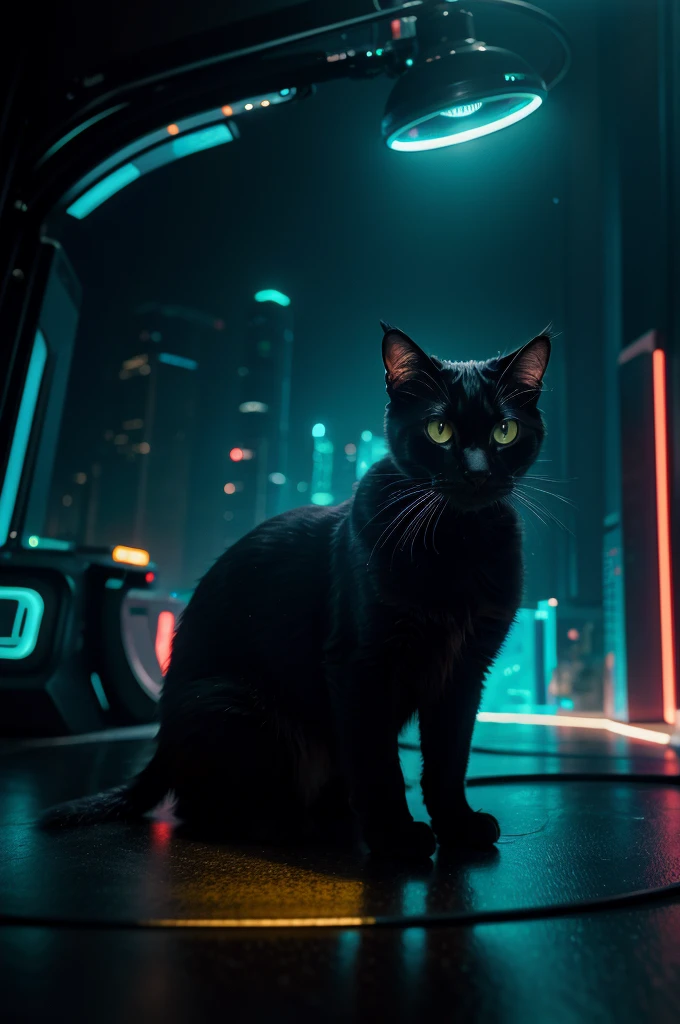 A black cat in a parallel universe, loop of time, advanced alien technology, futuristic ambient, sci-fi movie, detailed feline, sharp focus, cinematic lighting, neon colors, futuristic atmosphere, intricate mechanisms, advanced gadgets, surreal landscape, glowing energy, surreal elements, floating objects, otherworldly landscape, futuristic cityscape, neon lights, holographic displays photorealistic, 8k, best quality, masterpiece