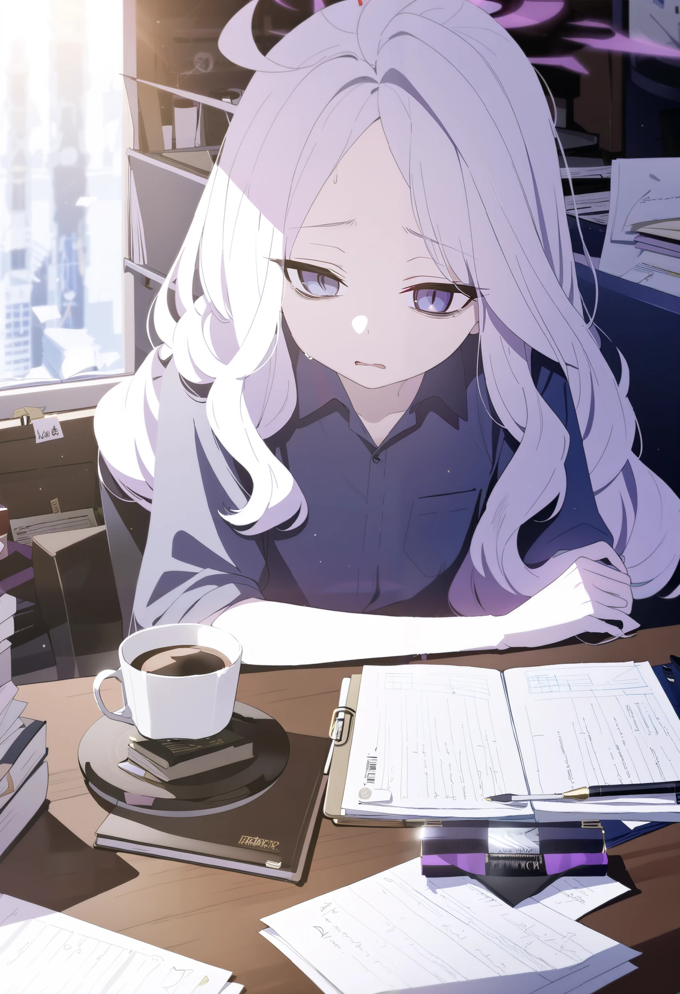 NSFW, Hina, blue archive, 1girl, tired, bags under eyes, coffee, drink, at a desk, paper, paper work, very tired,