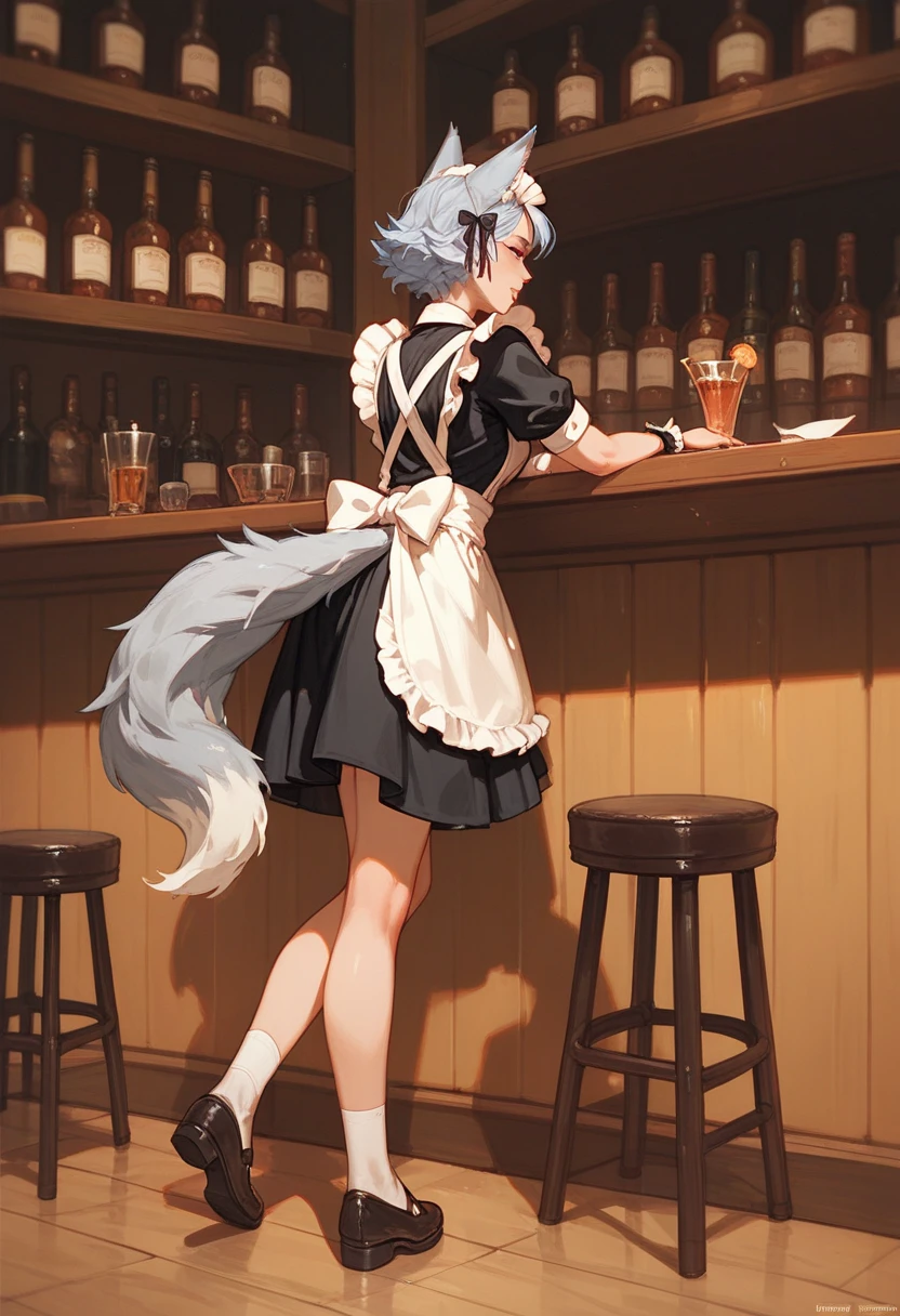 1 girl, standing on the bar ,  rests her hands on the ground , WOLF EARS, wolf tail, blond , legs on her back , Maid clothes,  the girl is used as a footrest,  men's legs on top 