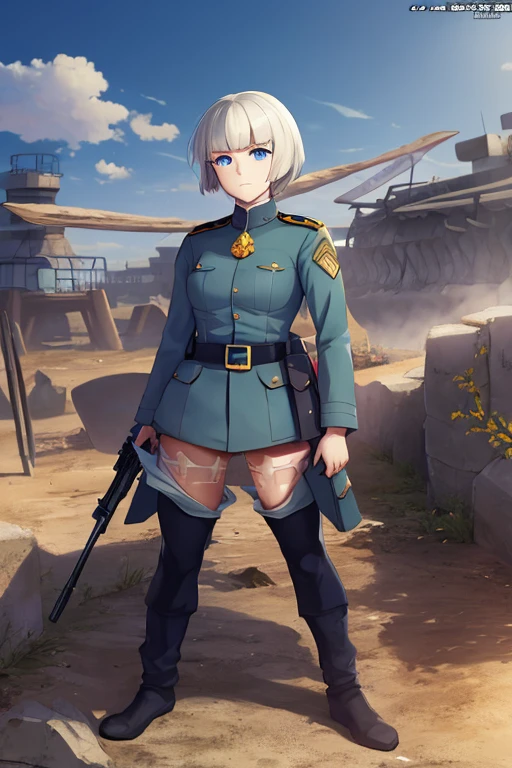 Masterpiece, Best Quality, flat, Manga Scan, Anime, cinematic lighting, drawn Art, by Studio Trigger, clip studio paint, Anime Wallpaper, Deep Color, Cel-Shaded.A women in WW1 soldier uniform holding a big gun above the trenches in a tower