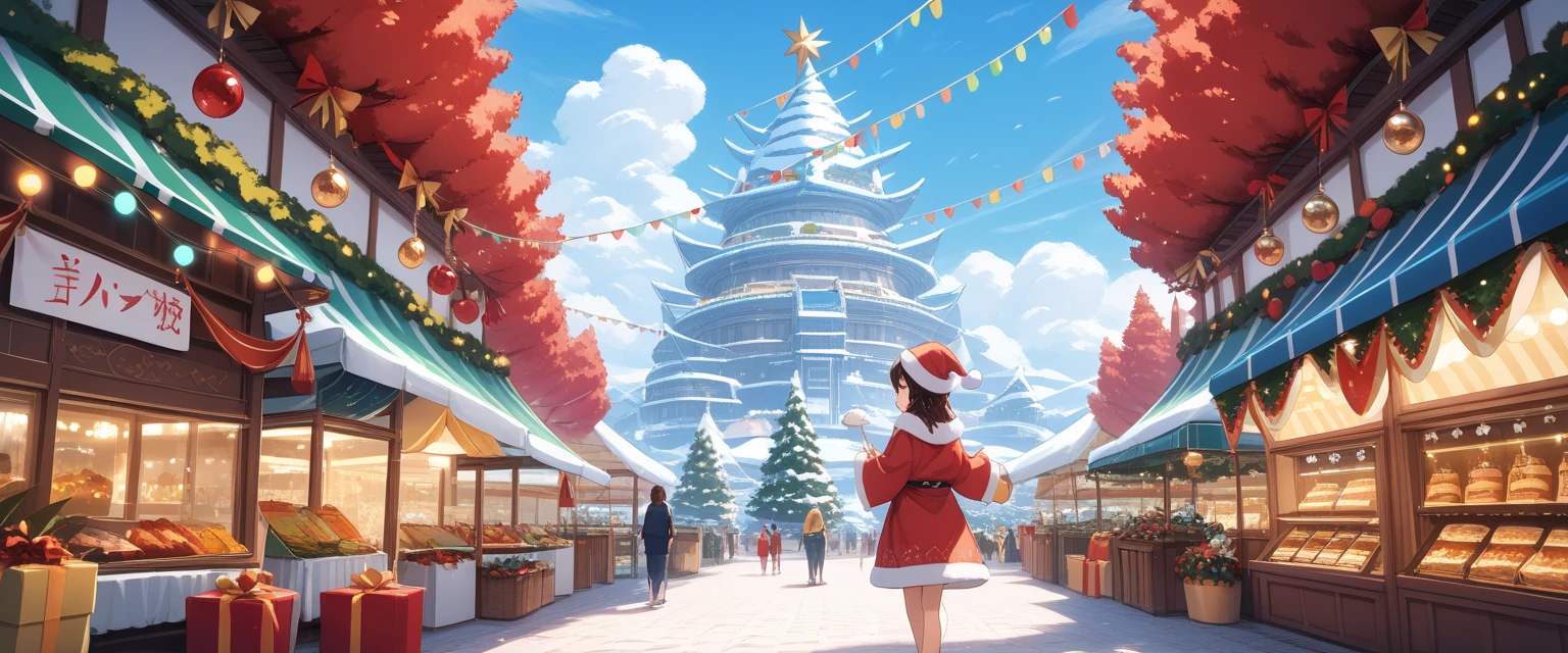 A large circular plaza surrounded by various shops during the Christmas festival, the atmosphere is festive,, landscape, party, anime style, perspective, Ghibli-like colours, anime style, chromatic aberration, depth of field, three sided view, from behind, high details, 8k, super detail, high quality, best quality, 8k,front view,vecter art styly,