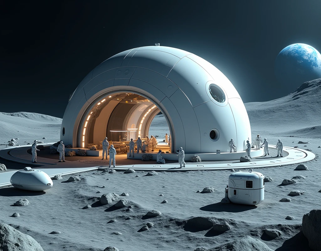 Realistic, theme is "Moon Base", a large dome of a lunar base built inside a large crater on the moon, the light emitted by the people living inside leaks out from the translucent dome, several crew members are working in space suits outside the dome, white, round, spacey machines are lined up, the blue Earth can be seen in the distance, sophisticated design, advanced lighting technology, real-life photos 8K quality