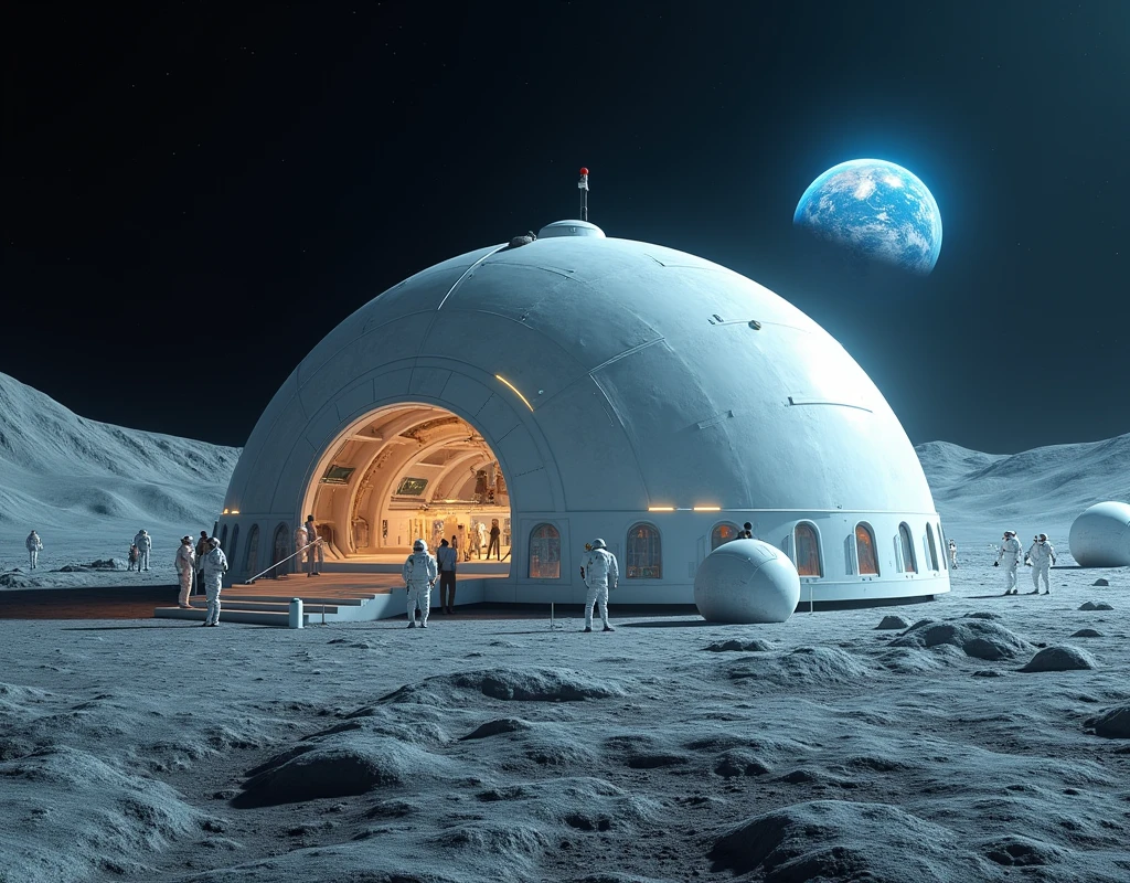 Realistic, theme is "Moon Base", a large dome of a lunar base built inside a large crater on the moon, the light emitted by the people living inside leaks out from the translucent dome, several crew members are working in space suits outside the dome, white, round, spacey machines are lined up, the blue Earth can be seen in the distance, sophisticated design, advanced lighting technology, real-life photos 8K quality