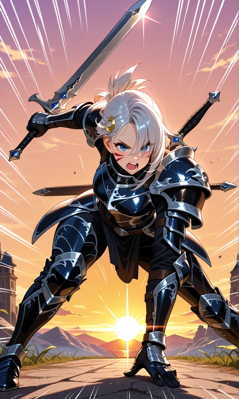 1girl,solo, knight armor, vanity knight helmet, kevlar,breastplate, shoulder pad, short short, sword on back,(silver, white accents:1.2, and black armor), metal gloves, blade and shield, shouting, dynamic pose, tracking shot, serious, powerful, asymmetrical hair, battlefields,sunset,leaning forward,folded ponytail, hair over eyes, hair strand, speed lines,crescent hair ornament, facepaint, mole under eye, motion blur,awe,very aesthetic, masterpiece, high quality, 4K UHD,absurdres