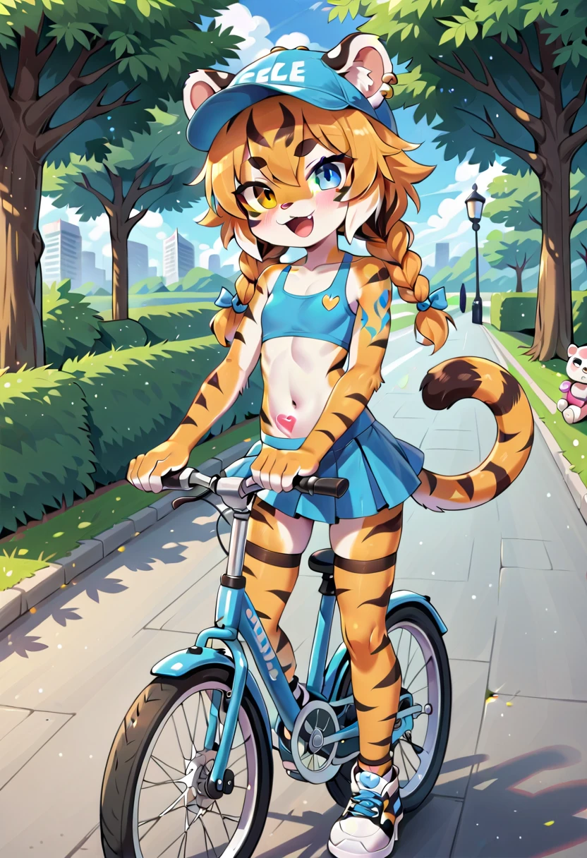 masterpiece, high resolution, best quality, (furry tiger girl, baby body, baby height, flat chest, animal face, animal skin, animal fur, tiger ears, tiger tail), heterochromia, multicolored hair, twin braids, piercing, makeup, tattoo, sitting on a bicycle, cap, top, skirt, stockings, park, public