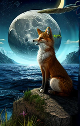 Fox , ((Moon base：1.3)),  standing, （ background，blue water planet）， universe,  photoshop  \( medium \),,  score_9,  score_8_up,