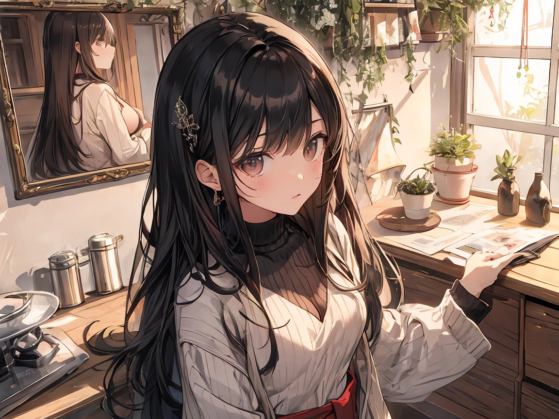 ((highest quality)),(ultra high resolution),(Super detailed),(detailed description),((best CG)),(best work of art),super precision art,great drawing art,(Art with precise details:1.5), Portrait:1.6,bust shot:1.4,,beautiful and well-shaped face:1.5,Black off-the-shoulder sweater、girl,Slender、small face、brown eyes、tall、 highres,black hair、long hair、Hotel、black long skirt、Sitting at a desk、Mature、big breasts