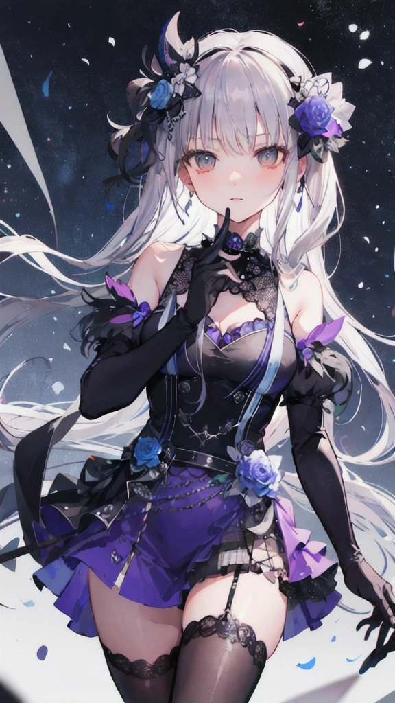 (masterpiece), ( is of the best quality), perfect composition, Clean, 8K, , [1 Girl, 牛仔射击], (minato_Snow vegetable_Bond Dream:1), long grey hair, Sweep the bangs,  Bright eyes , Jewelry, hair_flower, Gothic fashion, slanted shoulder dress , embroidery, serious, Perseverance,  movie lights from the waist,  High Contrast, Geometric Patterns, ray, [glare, radiation],  Popular on pixiv, Neon inscription, Runes, [obsidian,  perspective , Star], DARK THEME 
