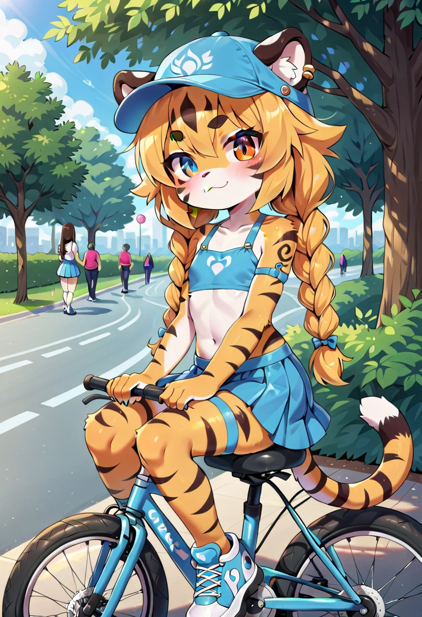 masterpiece, high resolution, best quality, (furry tiger girl, baby body, baby height, flat chest, animal face, animal skin, animal fur, tiger ears, tiger tail), heterochromia, multicolored hair, twin braids, piercing, makeup, tattoo, sitting on a bicycle, cap, top, skirt, stockings, park, public