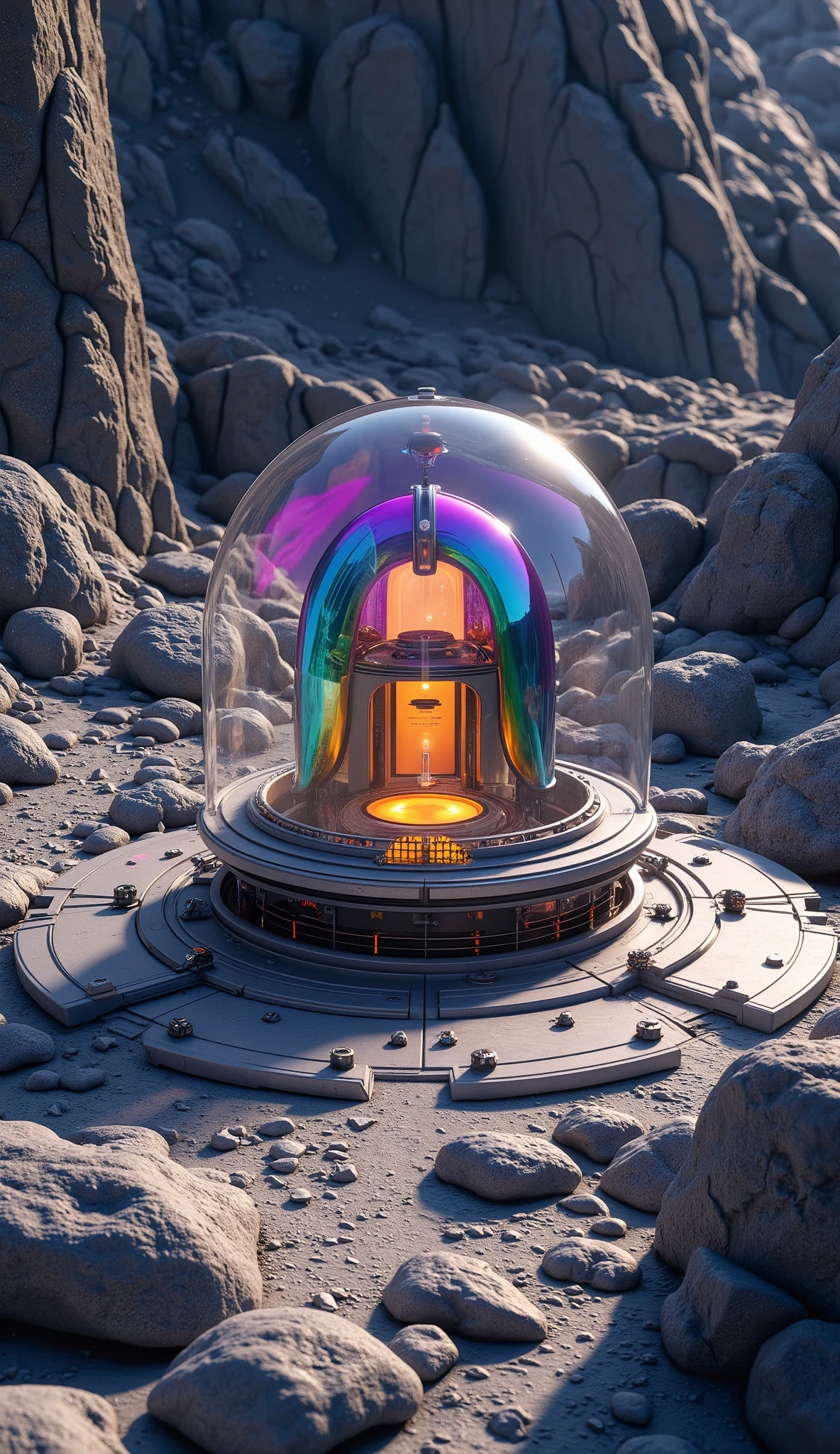 (masterpiece:1.2, best quality, ultra high resolution, Very detailed, best illustrations),8k,wallpaper,Moon base,(月面クレーターの中に建てられたMoon base:2.0),( A dome-shaped translucent barrier that looks like stained glass is connected together covers the crater:2.0),( Isometric 3D Illustration :2.0), STYLISH,( Rainbow Colors :2.0),( vibrant colors:2.0)