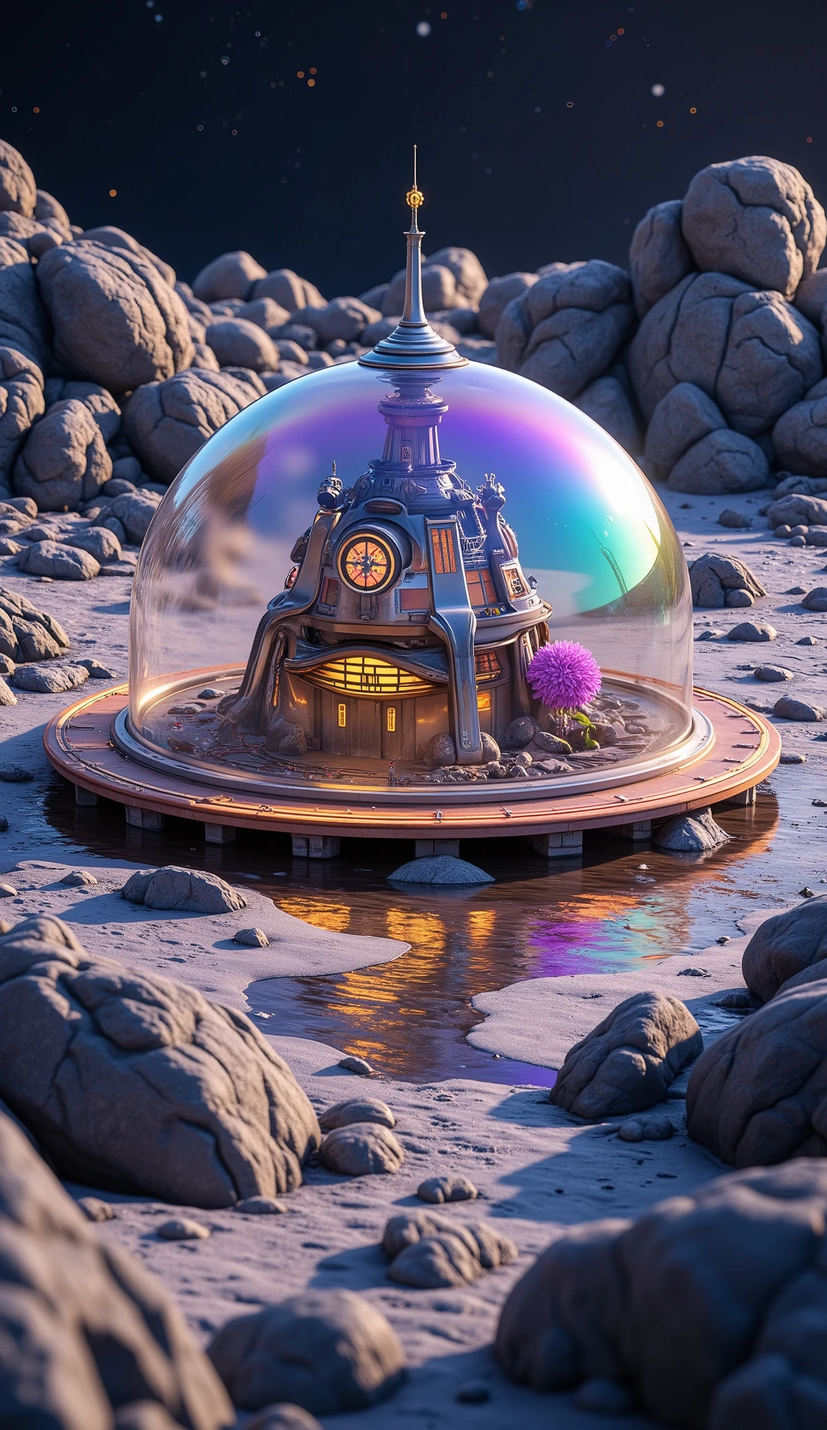 (masterpiece:1.2, best quality, ultra high resolution, Very detailed, best illustrations),8k,wallpaper,Moon base,(月面クレーターの中に建てられたMoon base:2.0),( A dome-shaped translucent barrier that looks like stained glass is connected together covers the crater:2.0),( Isometric 3D Illustration :2.0), STYLISH,( Rainbow Colors :2.0),( vibrant colors:2.0)