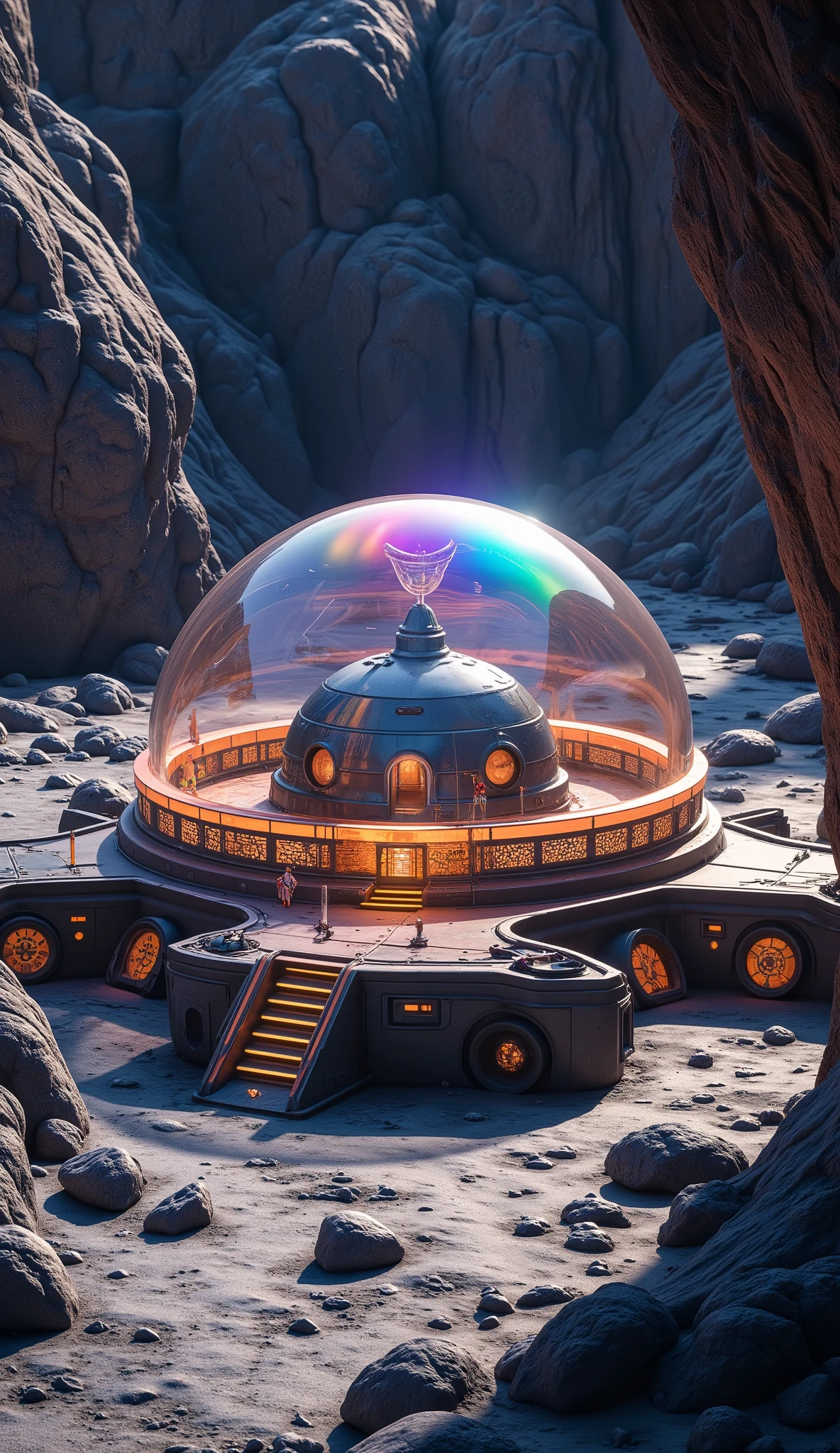 (masterpiece:1.2, best quality, ultra high resolution, Very detailed, best illustrations),8k,wallpaper,Moon base,(月面クレーターの中に建てられたMoon base:2.0),( A dome-shaped translucent barrier that looks like stained glass is connected together covers the crater:2.0),( Isometric 3D Illustration :2.0), STYLISH,( Rainbow Colors :2.0),( vibrant colors:2.0)