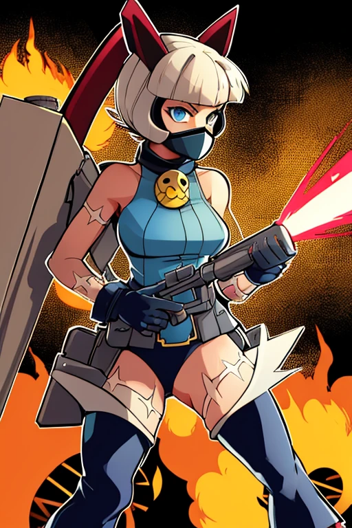 (flat color, retro, low contrast)MS Fortune in WW1 PyroManiac uniform wearing a gas mask holding a FlameThrower gun raiding the trenches