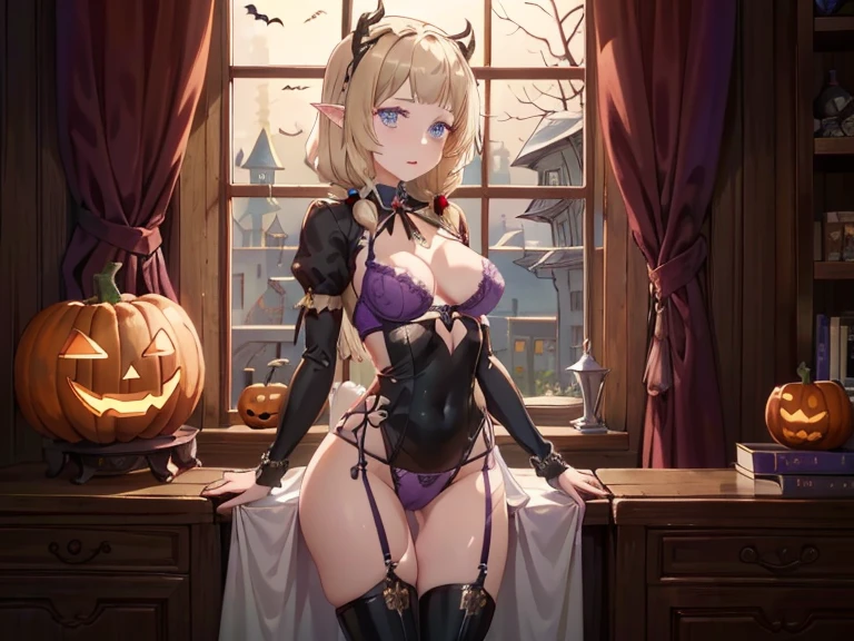 1 girl, hot MILF, large breasts, busty, tall, blonde long hair, red eyes, horns, sexy demon queen, smiling mischievously, looking at viewer, mature, wearing a revealing gothic black dress, luxurious living room, sitting on sofa, crossing legs, black high heels