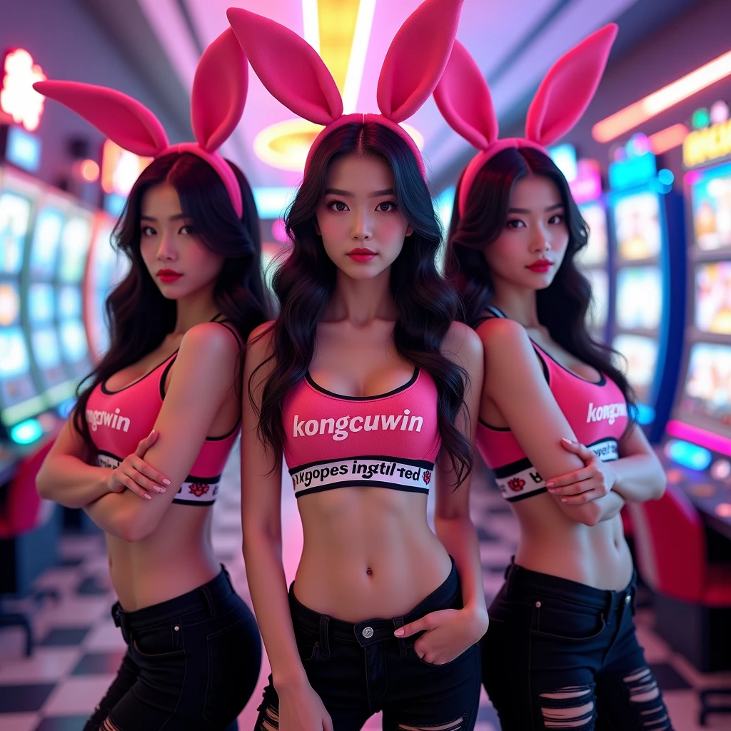 Polaroid film, masterpiece, best quality, 3girls, bunny girl, pink background, ulzzangs