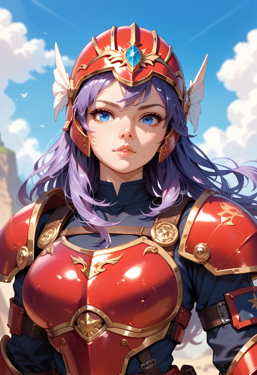 1girl, solo, soldier \(dq3\, purple hair, long hair, blue eyes, red armor, helmet