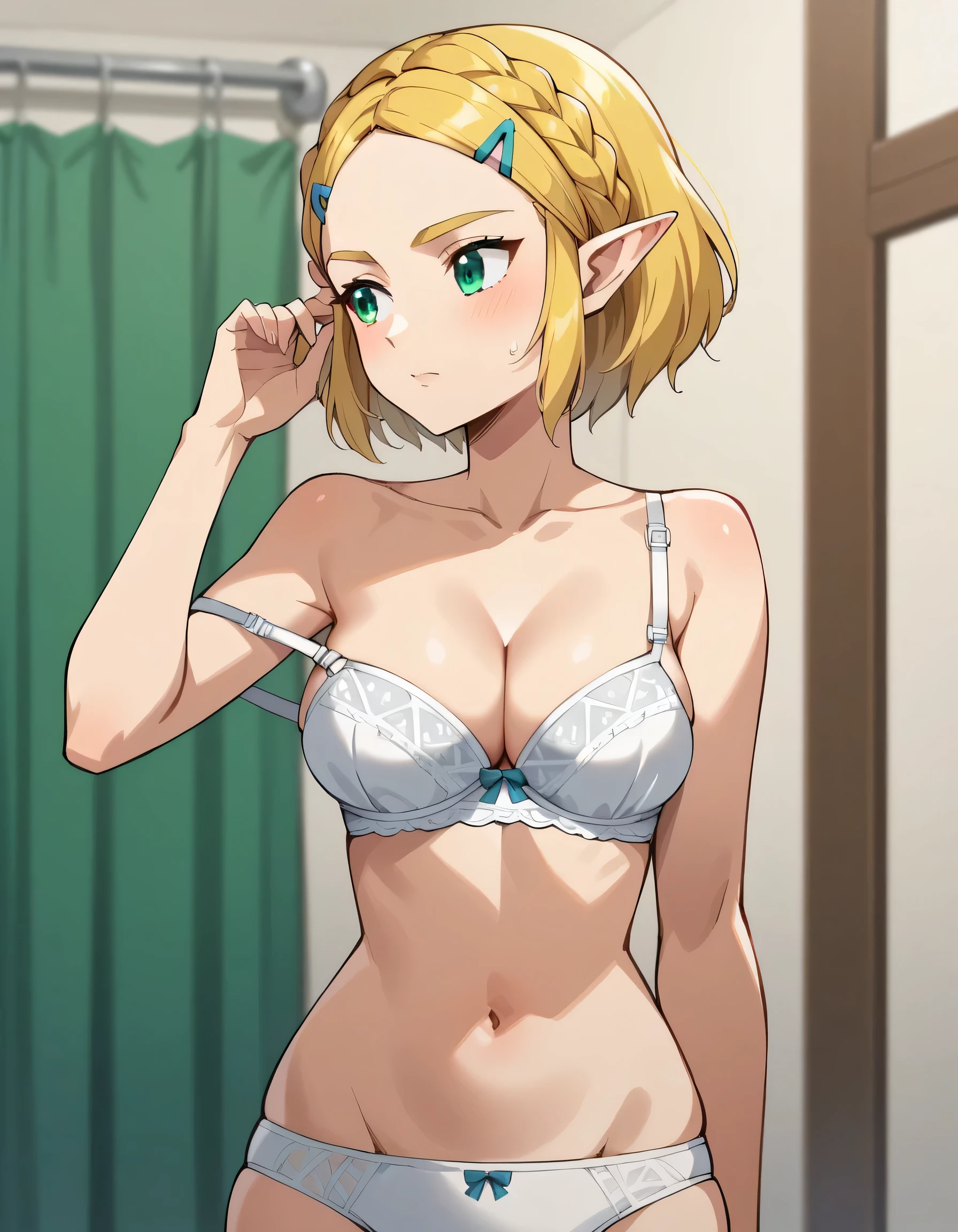 score_9, score_8_up, score_7_up, source_anime, anime screencap:0.5, 1girl, solo, Princess Zelda, Totk, blonde hair, short hair, green eyes, medium breasts, standing, white pantie, white bra, cleavage, looking away, underwear, washroom, navel, cowboy shot, from front, take off bra, strap slip