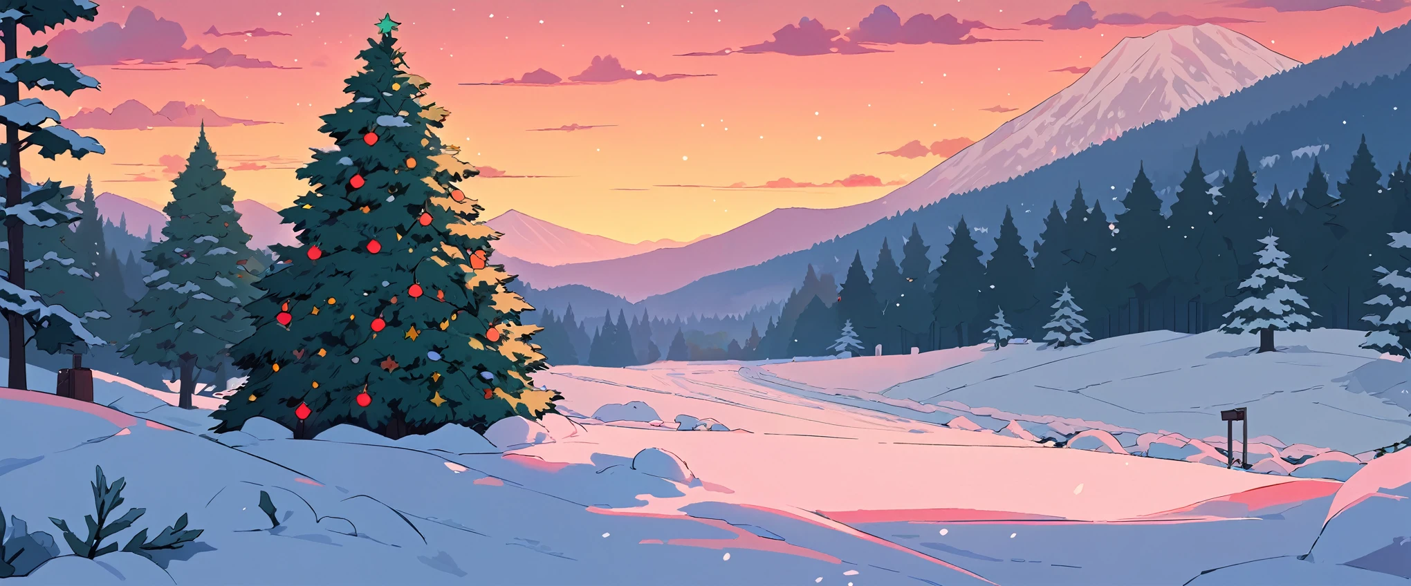 Christmas vibes ultrawide ,cozy ,lofi ,landscape ,forest ,mountain